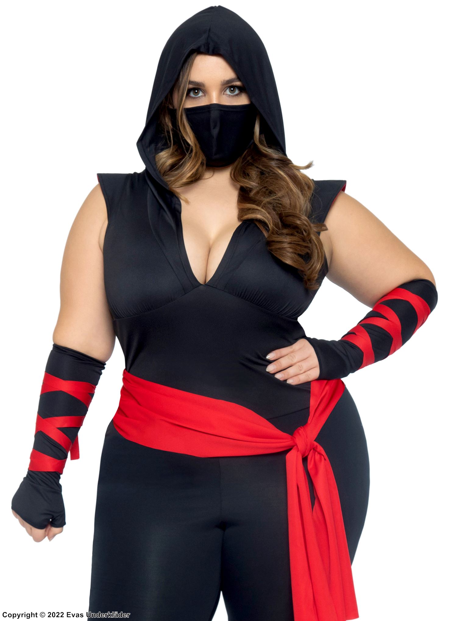Weibliche Ninja (auch Kunoichi genannt), Kostüm-Overall, tiefer Ausschnitt, Schärpe, Plus Size